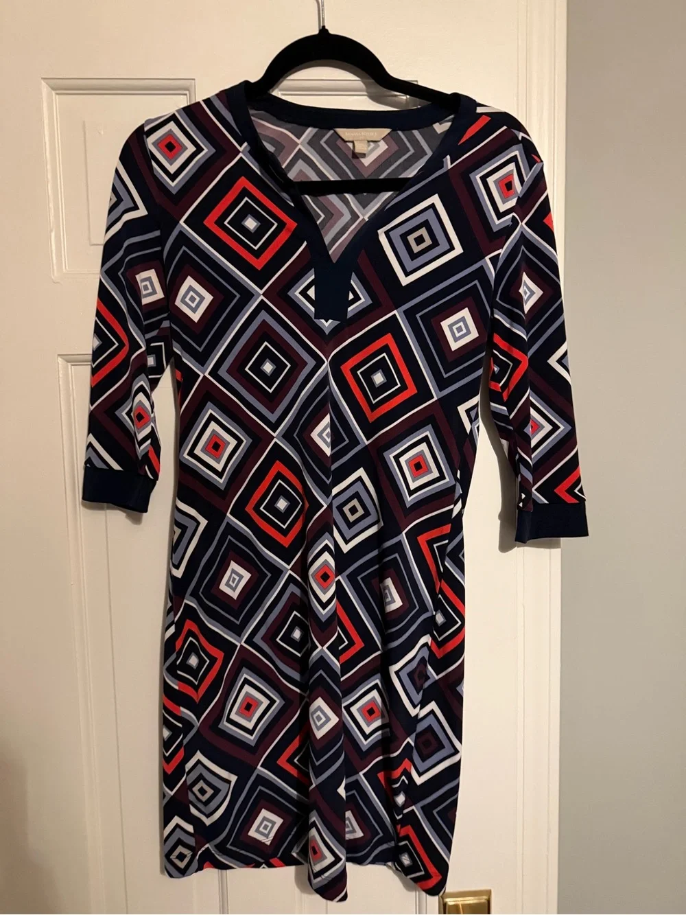 J. Crew Navy, Red & White Geometric Midi Dress